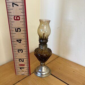 Miniature Amber Yellow Glass Oil Lamp Vintage Made in Hong Kong 5.5" Tall
